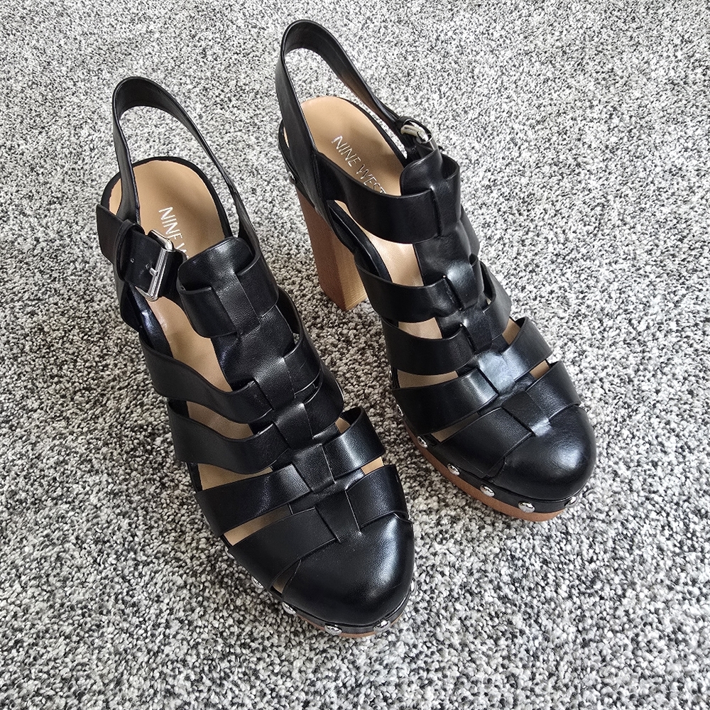 Nine West Black Strappy Platform Chunky Studded Vegan Leather Heels Size 9 - Picture 7 of 8